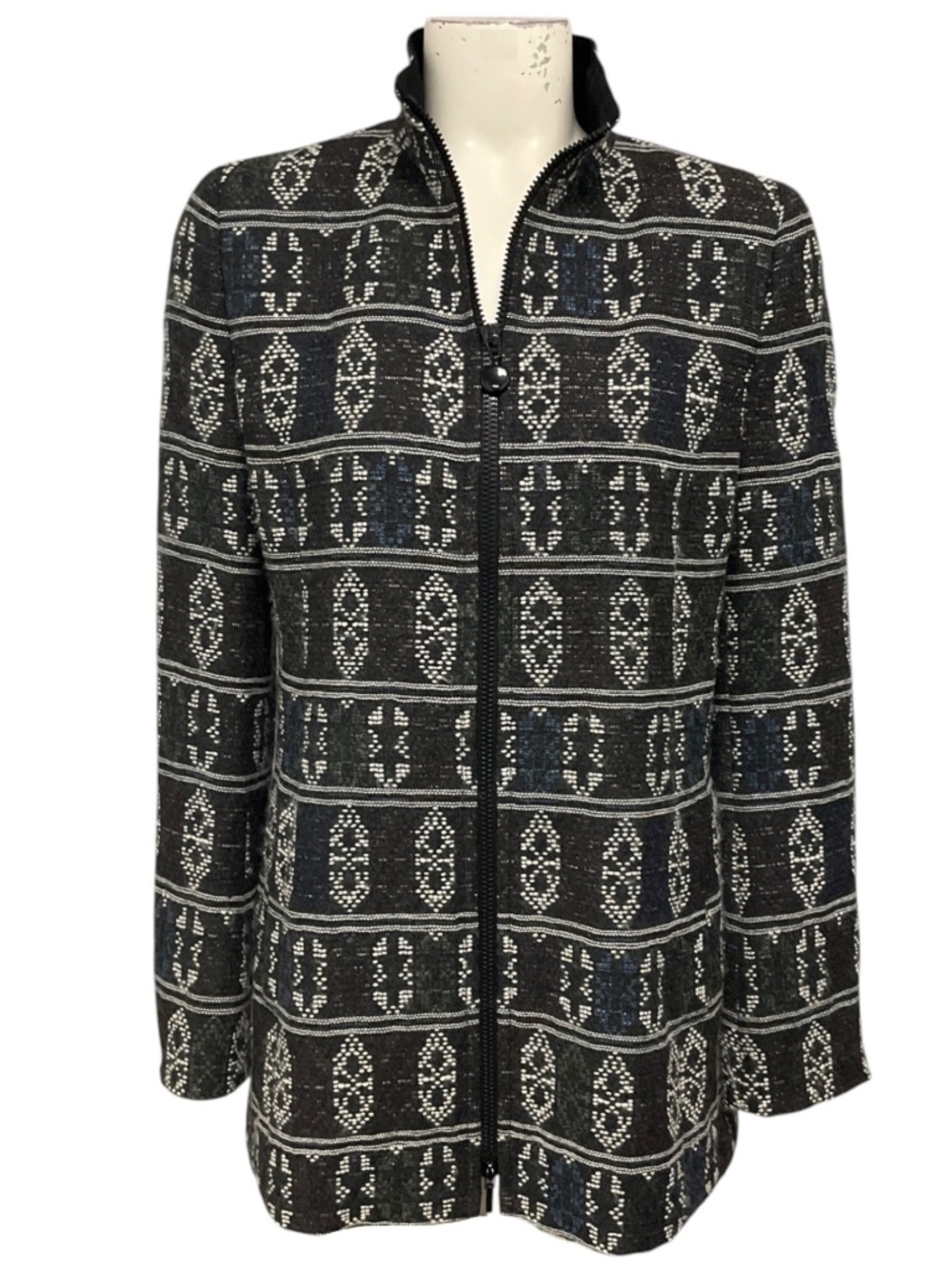 AKRIS PUNTO BLACK MULTI PATTERNED ZIP FRONT WOOL JACKET